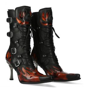 New Rock Malicia Boots in Black Itali and Fire Pulik Leather
