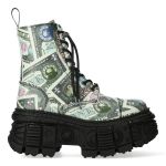 Bottines Plateformes New Rock Tank Imprimées 'One Dollar' Vertes