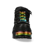 Chaussures Plateformes New Rock Tank en Cuir Noir et Accessoires Arc En Ciel
