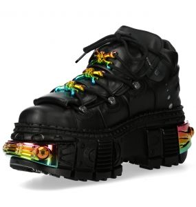 Chaussures Plateformes New Rock Tank en Cuir Noir et Accessoires Arc En Ciel