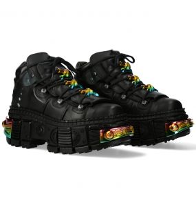 Chaussures Plateformes New Rock Tank en Cuir Noir et Accessoires Arc En Ciel