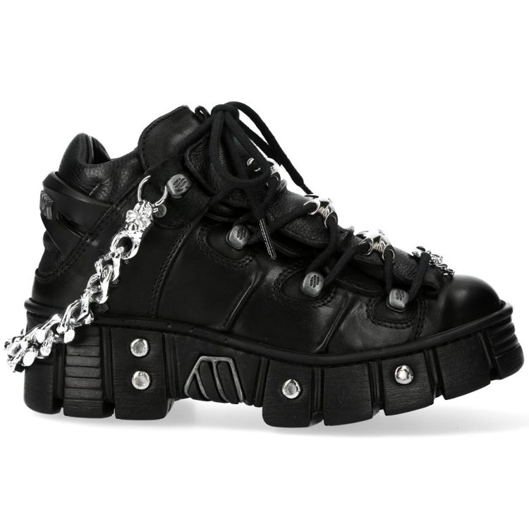 Chaussures New Rock Metallic en Cuir Noir avec Chaînes