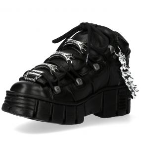 Chaussures New Rock Metallic en Cuir Noir avec Chaînes