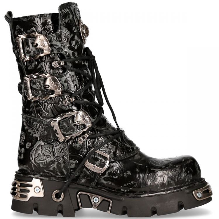 Black Vintage Flower Leather New Rock Metallic Boots