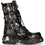 Black Vintage Flower Leather New Rock Metallic Boots