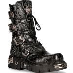 Black Vintage Flower Leather New Rock Metallic Boots