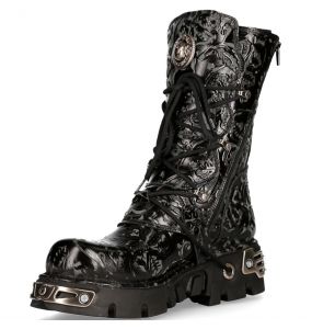 Black Vintage Flower Leather New Rock Metallic Boots