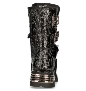 Bottes New Rock Metallic en Cuir Vintage Flower Noir