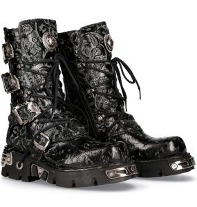Black Vintage Flower Leather New Rock Metallic Boots