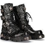 Black Vintage Flower Leather New Rock Metallic Boots