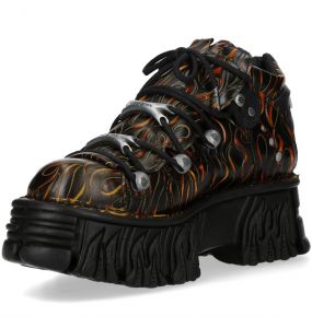 Chaussures Plateformes New Rock Fire en Cuir Feu et Noir