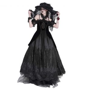 Longue Robe 'Liuva' en Dentelle et Velours Noirs