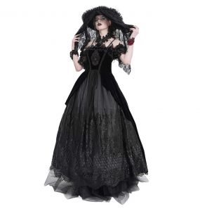 Longue Robe 'Liuva' en Dentelle et Velours Noirs