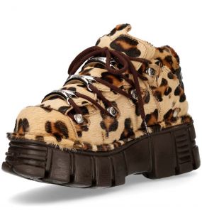 Chaussures New Rock Metallic en Fourrure Léopard Marron