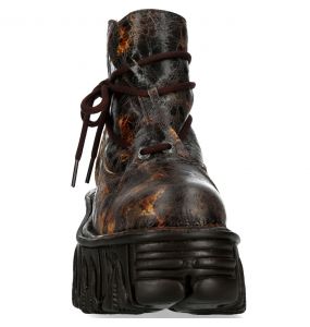 Bottines Plateformes New Rock Fire en Cuir Marron et Or