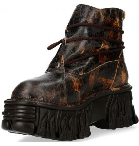 Bottines Plateformes New Rock Fire en Cuir Marron et Or