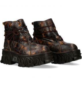 Bottines Plateformes New Rock Fire en Cuir Marron et Or