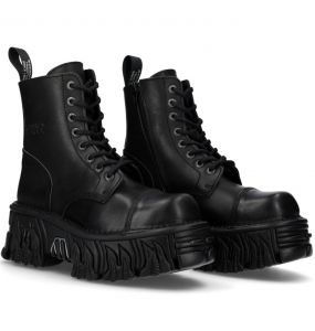 Black Leather New Rock Metallic Fire Ankle Boots