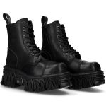 Black Leather New Rock Metallic Fire Ankle Boots