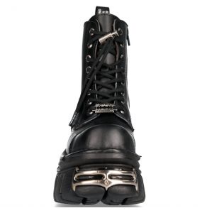 Black Leather New Rock Metallic Tower Ankle Boots