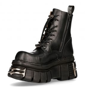 Black Leather New Rock Metallic Tower Ankle Boots