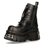 Black Leather New Rock Metallic Tower Ankle Boots