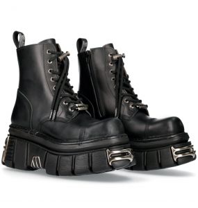 Black Leather New Rock Metallic Tower Ankle Boots