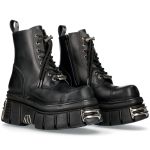 Black Leather New Rock Metallic Tower Ankle Boots