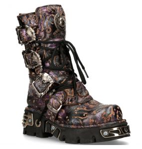 Bottes New Rock Metallic en Cuir Vintage Flower Lilas
