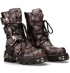 Bottes New Rock Metallic en Cuir Vintage Flower Lilas