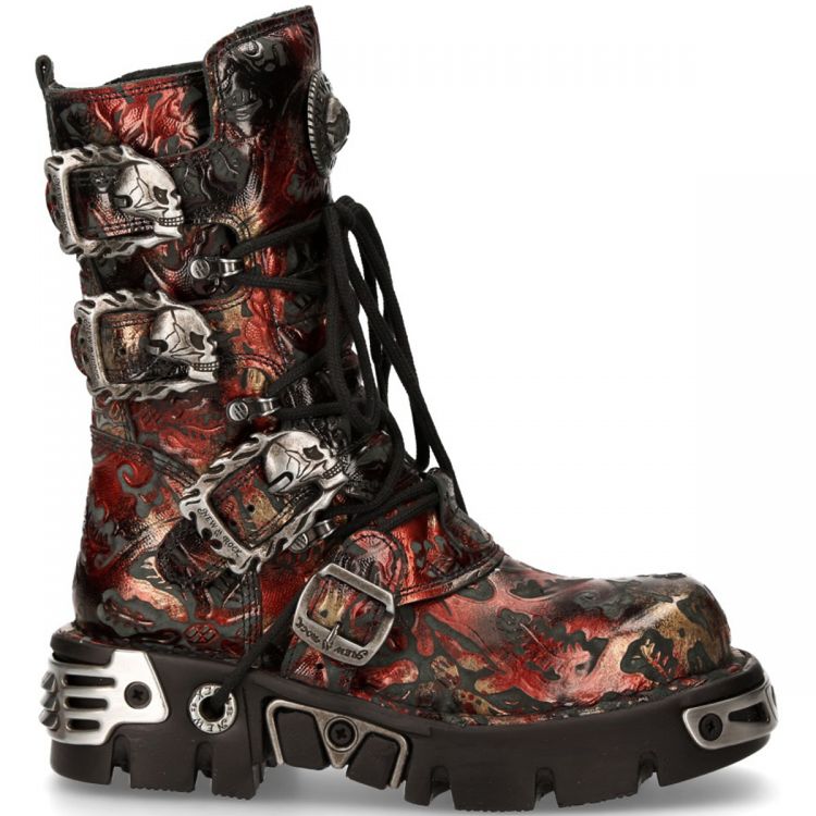 Red Vintage Flower Leather New Rock Metallic Boots