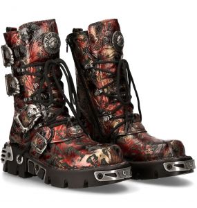 Red Vintage Flower Leather New Rock Metallic Boots