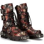 Red Vintage Flower Leather New Rock Metallic Boots