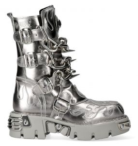 Silver Leather New Rock Metallic Boots with Chains