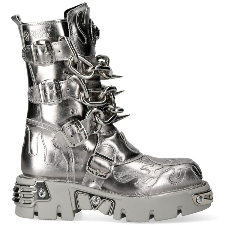 Silver Leather New Rock Metallic Boots with Chains