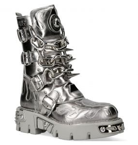 Silver Leather New Rock Metallic Boots with Chains