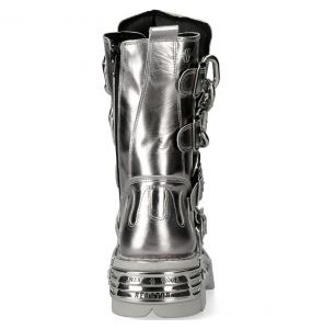 Bottes New Rock Metallic en Cuir Argent avec Chaînes