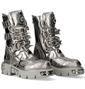 Silver Leather New Rock Metallic Boots with Chains