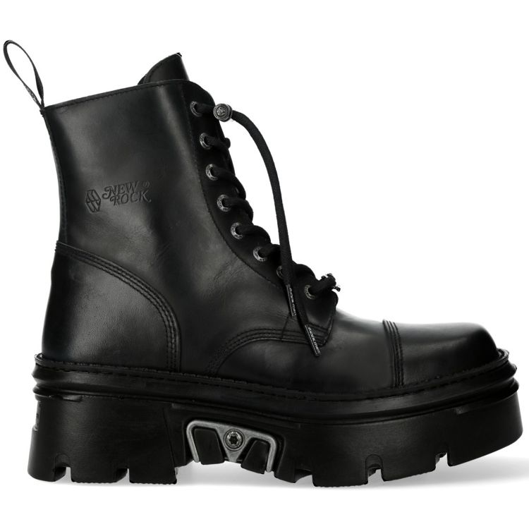 Black Leather New Rock Metallic Ankle Boots