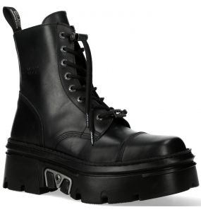 Black Leather New Rock Metallic Ankle Boots