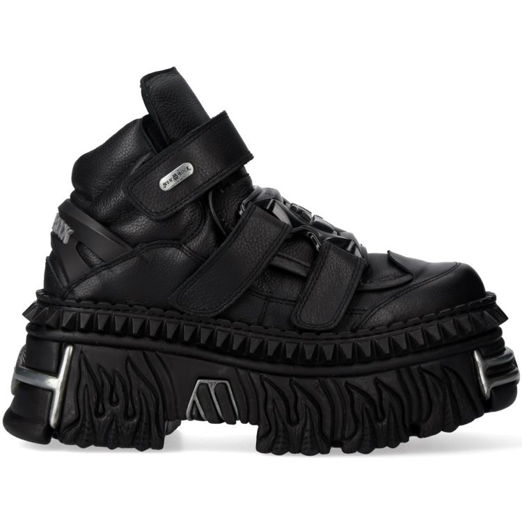 Black Vegan Leather New Rock Metallic Fire Platform Shoes
