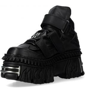 Black Vegan Leather New Rock Metallic Fire Platform Shoes