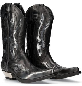 Bottes New Rock West en Cuir Pulik Acier et Itali Noir