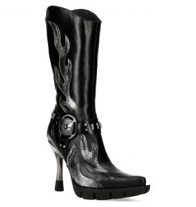 New Rock Malicia Boots in Black and Silver Leather