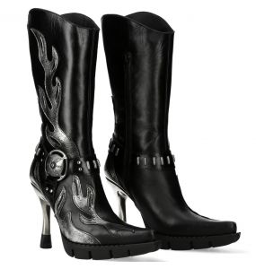 Bottes New Rock Malicia en Cuir Argent et Noir
