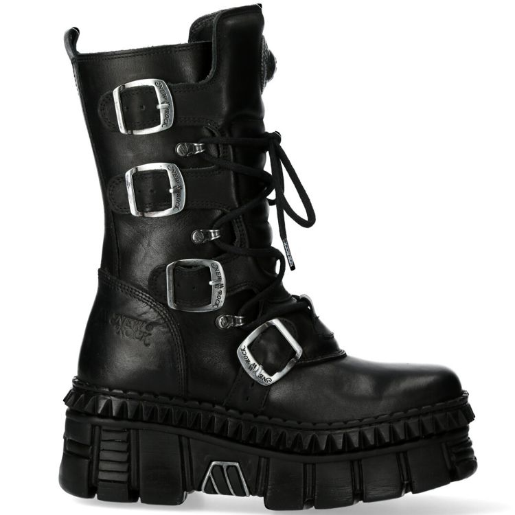 Black Leather New Rock Metallic Tower Picos Boots