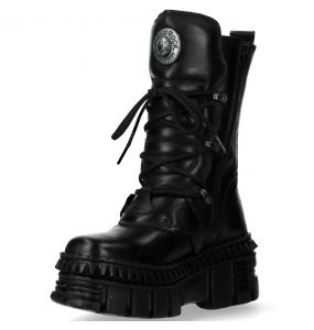 Black Leather New Rock Metallic Tower Picos Boots