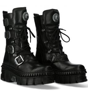 Black Leather New Rock Metallic Tower Picos Boots