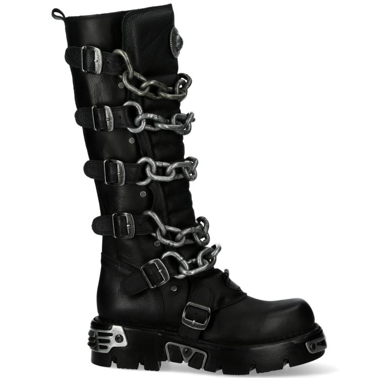Black Itali Leather New Rock Metallic High Boots with Chains