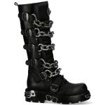 Black Itali Leather New Rock Metallic High Boots with Chains